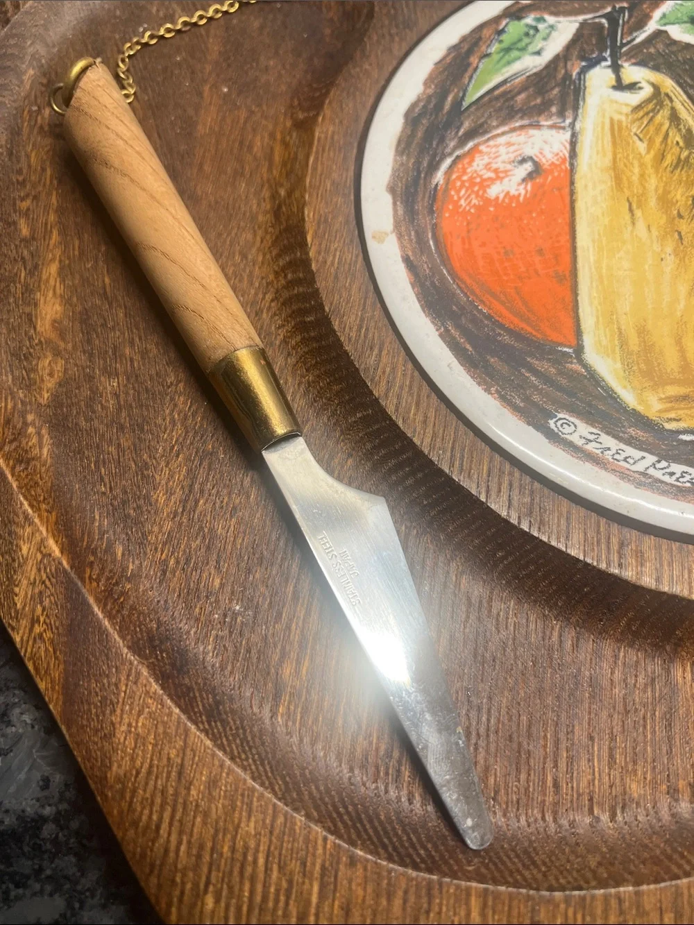 Vintage Wooden Cheese Serving Board with Fruit Tile and Knife - Brown